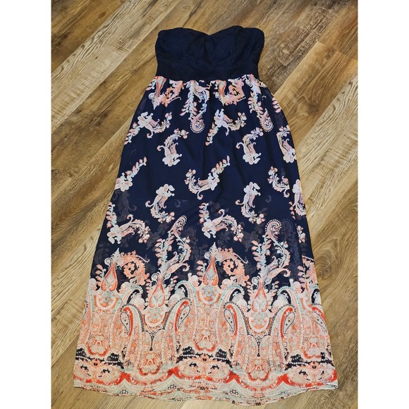 Trixxi Dresses & Skirts - Trixxi Navy Blue Lace Strapless Maxi Dress Paisley Print Cutout Back XL